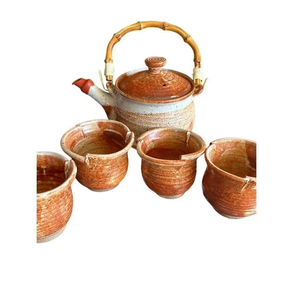 Handmade Rustic Stone Studio Pottery “Mingei-sota” Style Tea Pot & 4 Unique‎ Tea